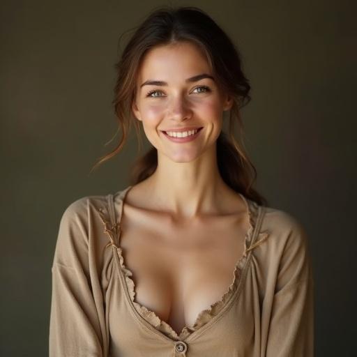 Portrait of a 25-year-old European village woman wearing a simple linen dress in earthy tones. She has a warm and graceful smile. Brown hair is tied back neatly. Skin is fair and porcelain, free from blemishes. Soft maternal aura with gentle almond-shaped eyes. Flat eyebrows convey calmness. The emphasis on her upper body showcases refined and tasteful cleavage. Natural lighting creates soft shadows for a realistic effect.