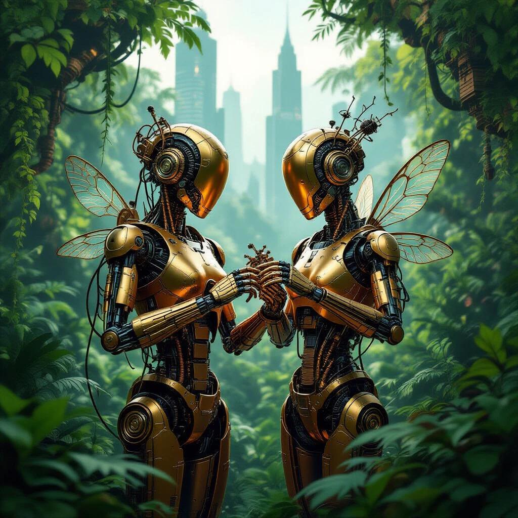 Two steampunk androids with metallic wires stand in a lush jungle. They craft clockwork insects from exotic plants. An intricate design gleams against emerald foliage. Etherium energy radiates from their movements. Vintage anime film style evokes nostalgia.