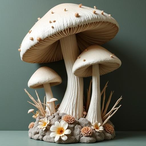 Relief bust of mushrooms set in a fantasy scene. Mushrooms grow from textured base. Soft neutral tones dominate. Delicate flowers and foliage accent the design. An enchanting natural display, emphasizing whimsical forms and artistic textures.