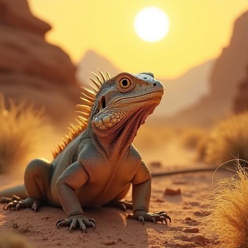 Desert iguana close to camera blinking eyes. Tongue slithering in and out. Desert canyon in background. Wind blowing dust and tumbleweeds. Goldish hue. Bright yellow sun shining.