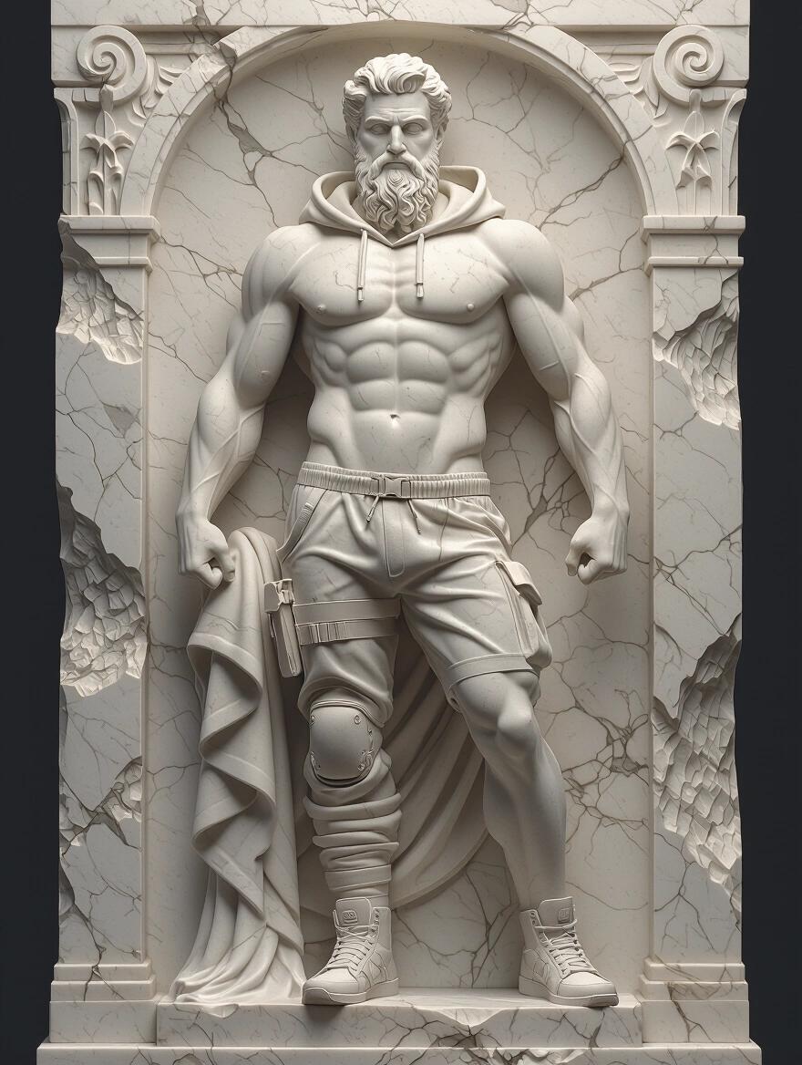 Original Greek-inspired god-like character in classical marble. Posed powerfully and heroically with stoic expression. Muscular anatomy with realistic chiseled stone texture. Blend of modern streetwear elements like minimal hoodie and tactical pants, maintaining sculpture aesthetic. Mythological yet urban feel. Deep solid black background for contrast. Clean, centralized composition, print-ready for streetwear apparel.