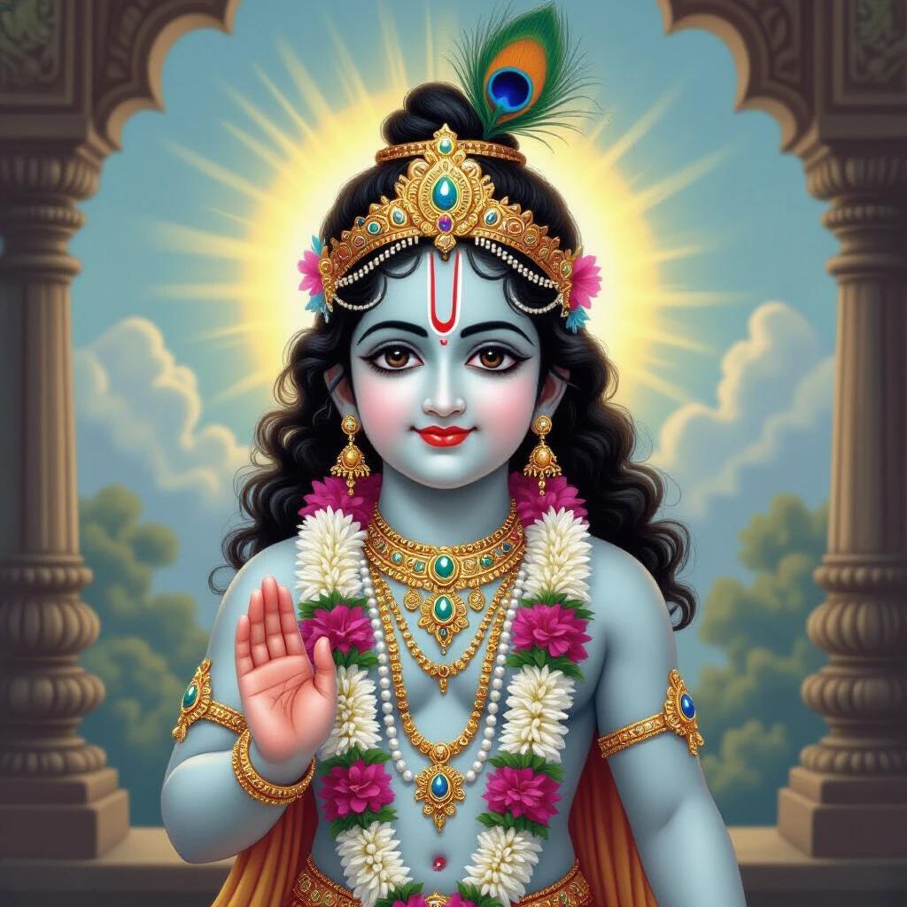Generate an image depicting Lord Krishna in vibrant colors adorned with jewelry and flowers. The setting features traditional architectural elements and a serene atmosphere.