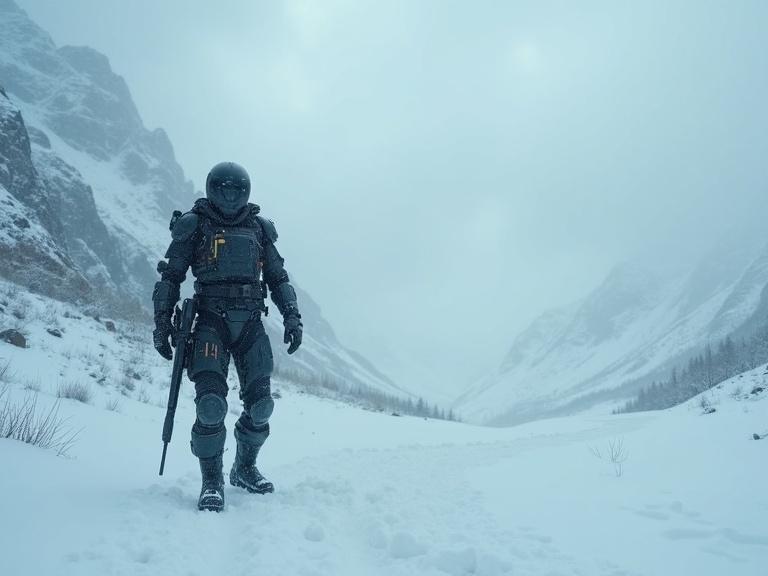 Cinematic dark sci-fi depiction features cybernetic bounty hunter in a severe snowstorm. The landscape is composed of expansive snowy terrain surrounded by towering mountains. The shot is captured in wide angle enhancing the atmospheric depth.