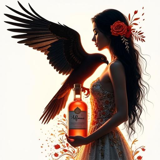Mesmerizing artwork in minimalist style. Design suitable for block printing, clear forms and lines, sweeping brushstrokes on white background. Combined silhouettes of falcon and young woman with dark hair and rose. Captivating beauty holding bottle labeled 'ALFRUNO'. Bottle radiates golden-reddish glow, cork lid and elegant tag. Warm ambient lighting creates atmosphere. Floral motifs evoke luxury and beauty.