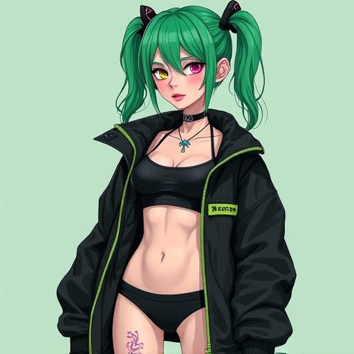 Character from edgerunners with short stature. Soft features and white skin with blue tint. Pink tattoos on neck, stomach, and thigh. Minimal clothing with black bra and underwear. Black high collar jacket with green accents. Sneakers and green pigtails. Features subtle cyberware with pink and yellow cyberoptics.