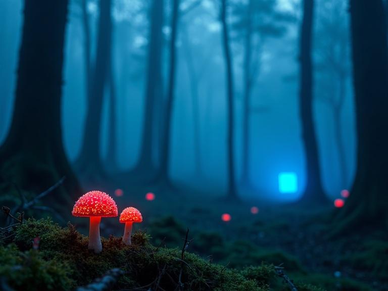 Spooky forest at night. Ancient moss-covered trees surrounded by heavy blue mist. Glowing red mushrooms with white spots. Unseen creatures in the air. Tall trees bathed in blue hue. Mysterious ethereal atmosphere. Fog adds depth and obscures background. Close up of a branch. Background is heavily out of focus. Simple small blue cube illuminated on the floor, lighting the environment.