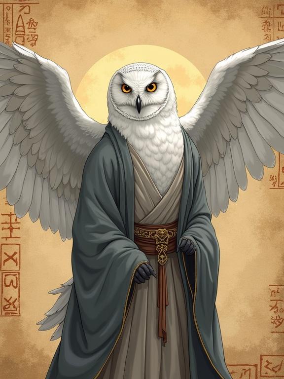 Anime-style digital illustration features a white owl with spread wings. Owl wears an Ash-Gray leather robe. Sharp intelligent eyes enhance realism. Background showcases old papyrus with mystical runes. Soft warm lighting creates atmosphere. Detailed textures depict soft feathers. Cinematic composition includes dramatic shadows.
