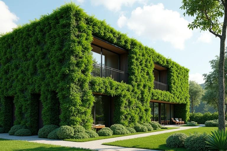 Building with walls covered in leafy greenery. Vertical garden creates seamless blend with architecture. Located in a garden with tall trees. Partly cloudy sky enhances eco-friendly vibe. Harmony of architecture and nature is evident.