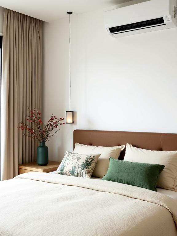 Photograph of modern bedroom with white textured wall. Features beige quilted bedspread, brown upholstered headboard with two square cushions. One cushion green and the other with nature pattern. Air conditioner mounted on wall above headboard. Tall beige curtains on left side. Wooden nightstand on left with green vase holding bouquet of flowers and red berries. Wall-mounted light with thin stem. Natural light during daytime. Minimalist decor creating cozy and inviting atmosphere. Soft textures and neutral colors.