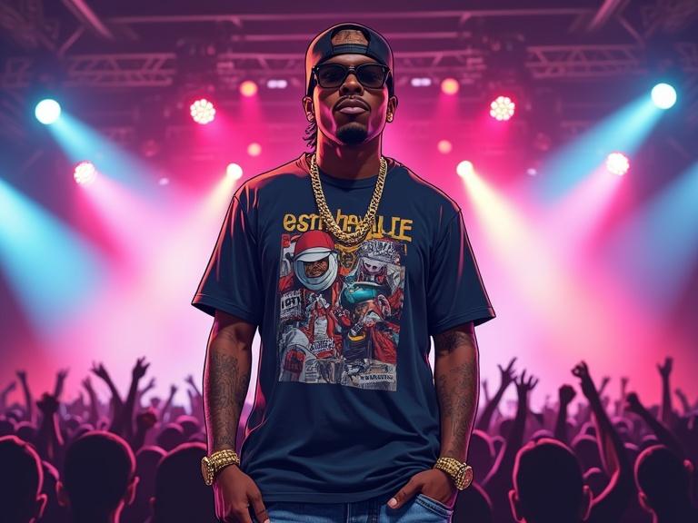 A Black male rapper stands confidently on stage. He wears a graphic t-shirt that embodies urban streetwear style. Gold chains adorn his neck. The setting is lively with colorful spotlights and a packed audience. The artwork reflects the comic-book inspiration of Grand Theft Auto. The atmosphere captures the energy of a live performance.
