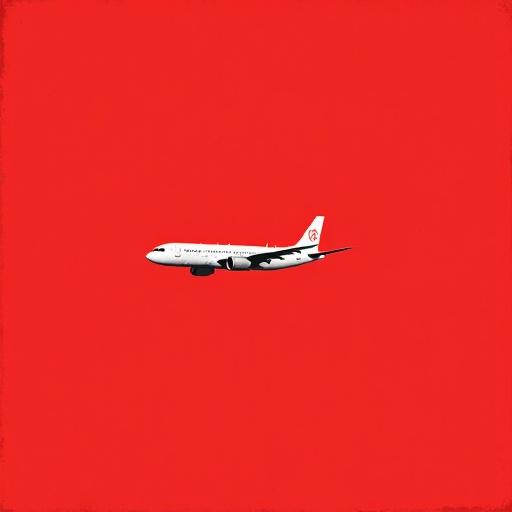 Airplane flying against a bright red background. Emphasis on minimalism and modernity. The design should reflect a joyful and futuristic feel in branding style.