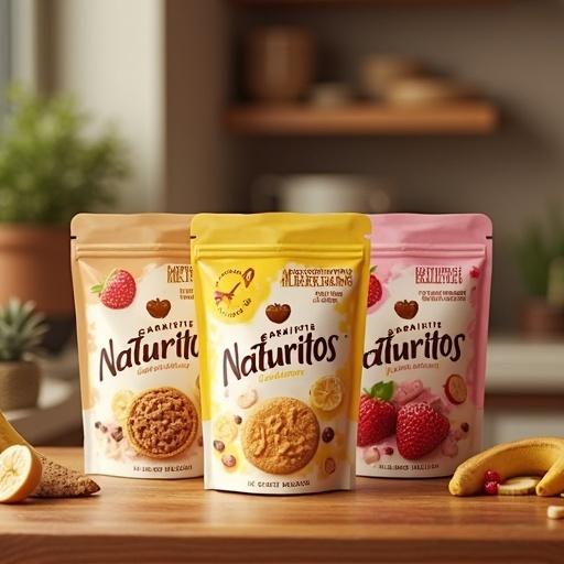 Display Granix Naturitos products, banana, dulce de leche, and red berry flavors in a warm kitchen setting. Focus on the packaging of the snacks with a clear backdrop of a kitchen counter. Use a portrait format.