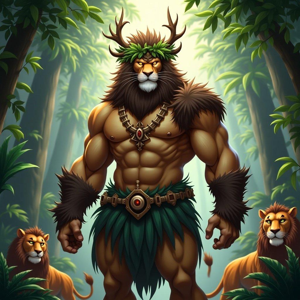 Humanoid character as the King of the Jungle. Crown made of vines and bones. Muscular body with lion fur. Glowing eyes. Wearing animal pelts. Surrounded by lions and tigers in a lush jungle.