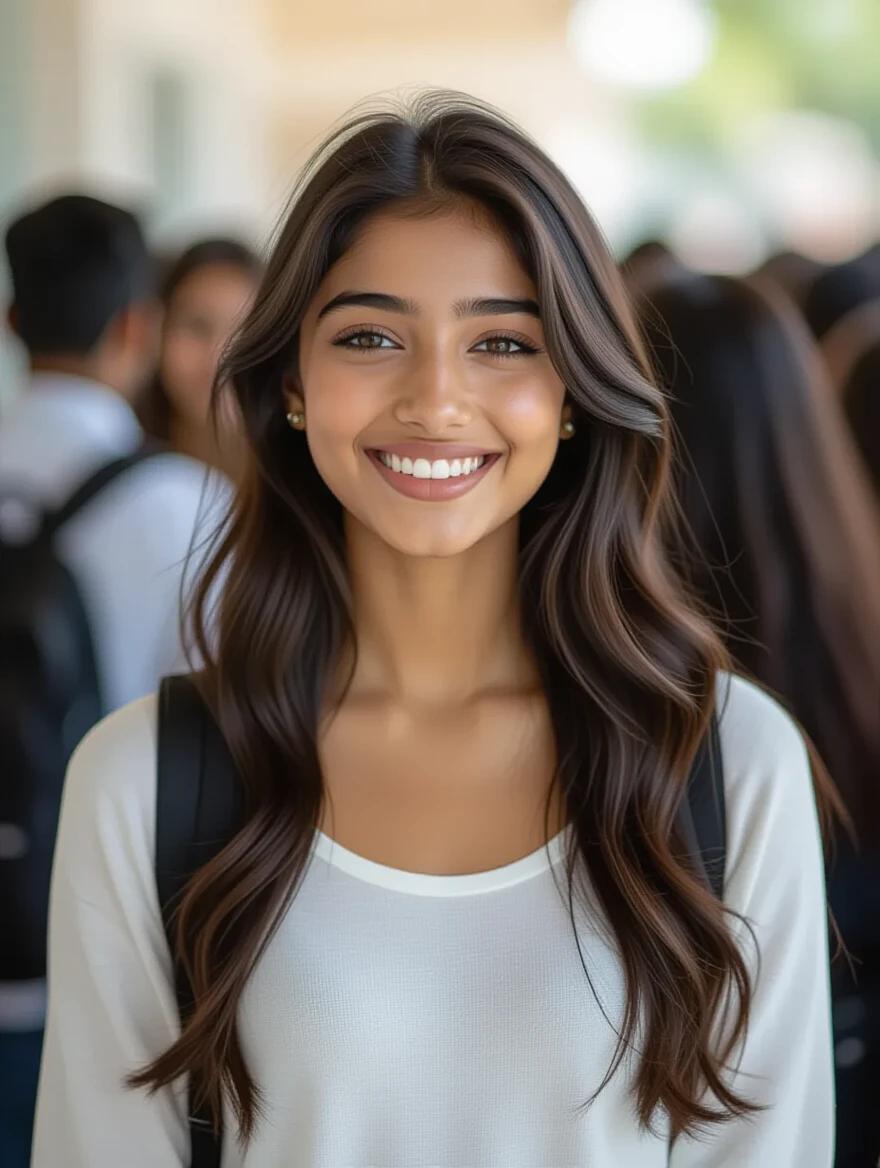A girl stands outside an exam center. She has long brown hair and blue eyes. Many students surround her. She wears a white top and has a backpack. The setting is bright and outdoor. Students are in casual attire. Focus on her expression.