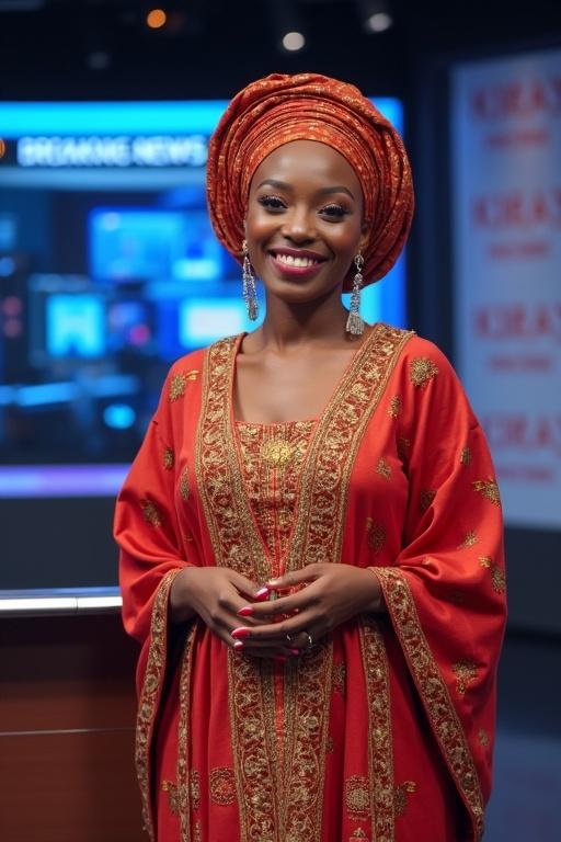 A woman wears traditional Hausa attire. She stands in a TV news studio. She presents breaking news and reports. The studio background includes screens.