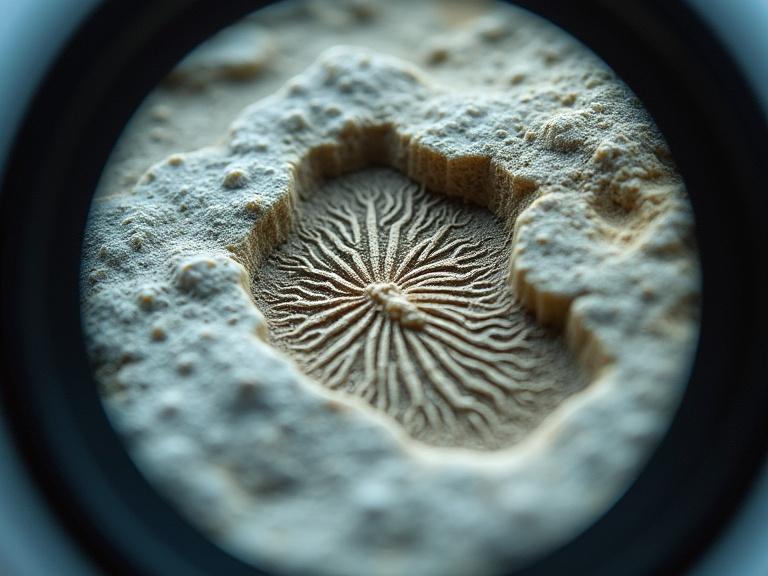 Microscopic close-up of a fossil trace visible through a microscope. Texture of fossilized surface shows fine details. Soft lighting, shallow depth of field, scientific photography style, extreme realism.