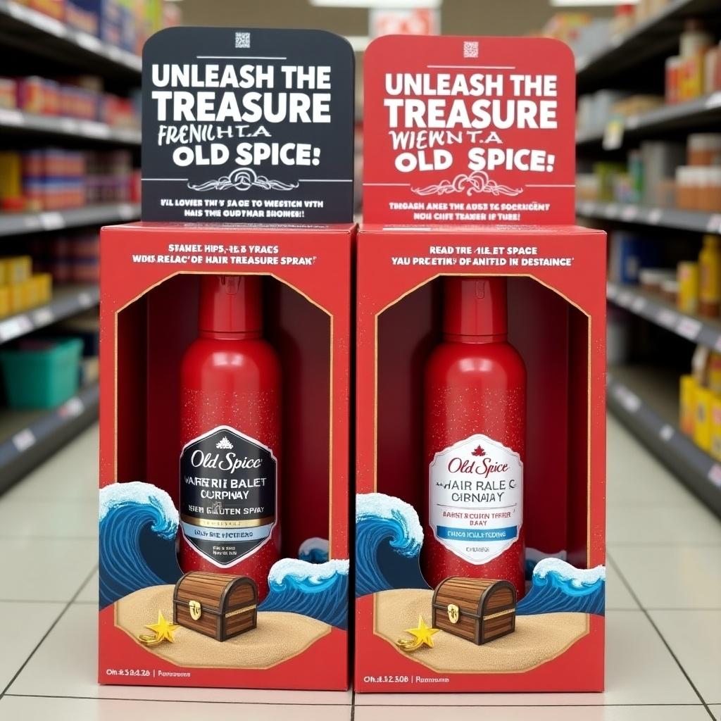 In-store display showcases Old Spice hair sea salt sprays. Dark red packaging for darkening spray, lighter red for lightening spray. Waves and sand create a beach atmosphere with a treasure chest. QR code invites customers to spin the wheel for prizes. Slogan 'Unleash the Treasure Within – Old Spice' is prominent. Clear separation of spray bottles for clarity.