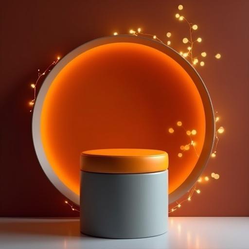 A sleek modern minimalist stool with vibrant circular orange cushion on a matte gray cylindrical base wider and shorter than standard proportions. The broad base connects to wider gray circular platform for stability. Behind the stool, a large ultra-thin black circular frame creates a halo effect. Background features rich Diwali-inspired gradient of deep maroon and warm saffron, soft golden bokeh lights illuminating the scene. Diffused lighting highlights the stool's contemporary elegance.