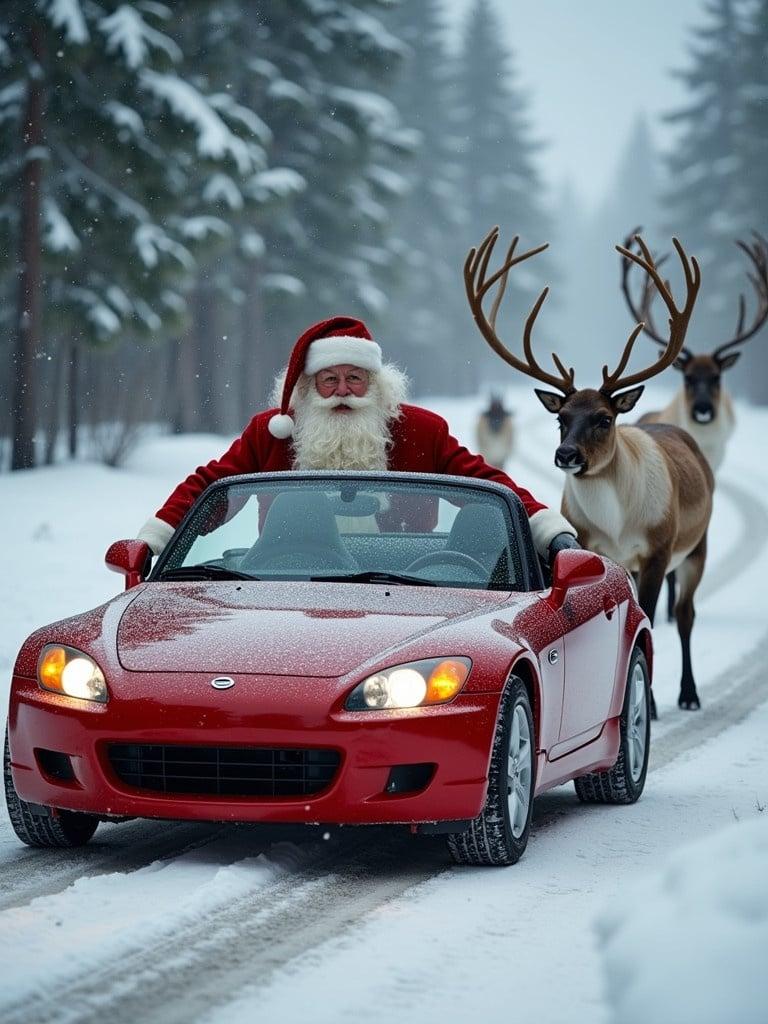 Santa driving a red S2000 sports car in snowy surroundings. Two reindeer alongside the car. Winter forest backdrop with snow on the ground and trees.