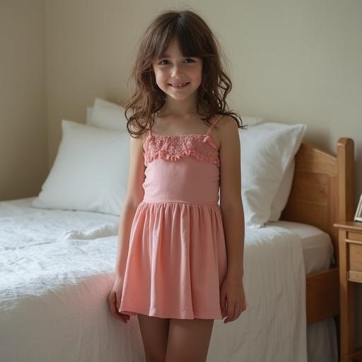 Full body view of seven year old girl. She has brown hair and wears a pink dress. Girl stands next to a bed with white bedding. Natural light creates a soft atmosphere.