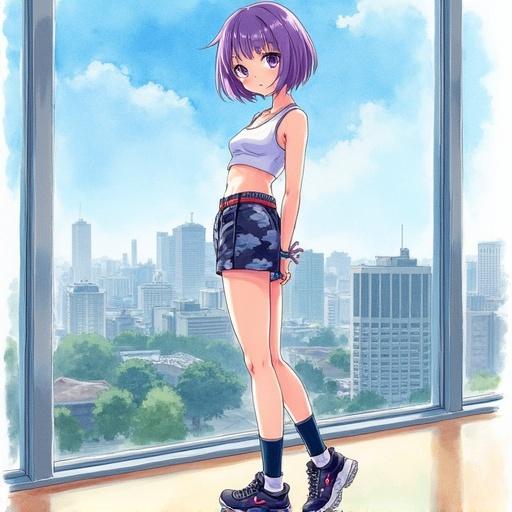 Watercolor painting of a young woman with short violet hair. She has a slim muscular body. Wearing a short plastic top and sport shorts with anime print. High platform sneakers and knee socks. Standing with legs crossed and arms behind back. Slightly leaning in and looking at the camera. Wall-size window in the background showing a city view.