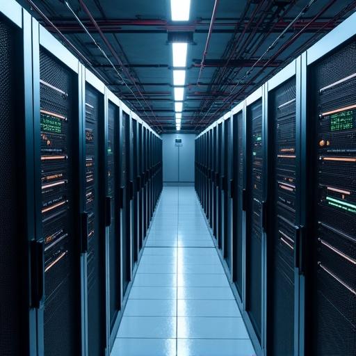 A corridor lined with server racks in a data center environment with bright lighting
