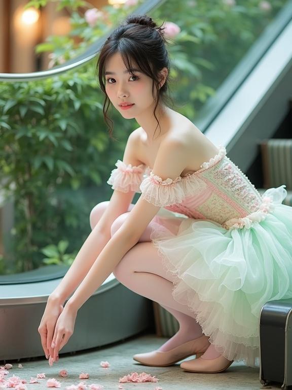 Full body shot of a Chinese lady in a pastel-colored frilly outfit. Lady squatting down picking up fallen flowers. The outfit features a corset top with lace and frills in shades of pink mint and cream. Sweetheart neckline and off-the-shoulder design with a full white undies. Hair is tied back. Wearing pale light pink stockings and rose garter belts. Scene lit with soft natural light. Greenery around enhances the vintage feel.