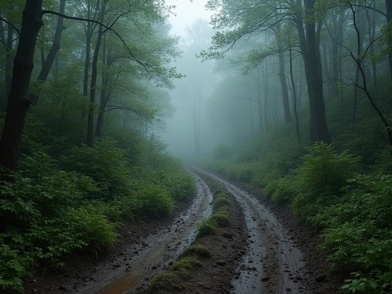 A muddy trail winds through a dense misty forest. The scene reveals tall trees and lush greenery. The path is wet and appears muddy from recent rain. Fog envelops the area creating a mystical atmosphere.