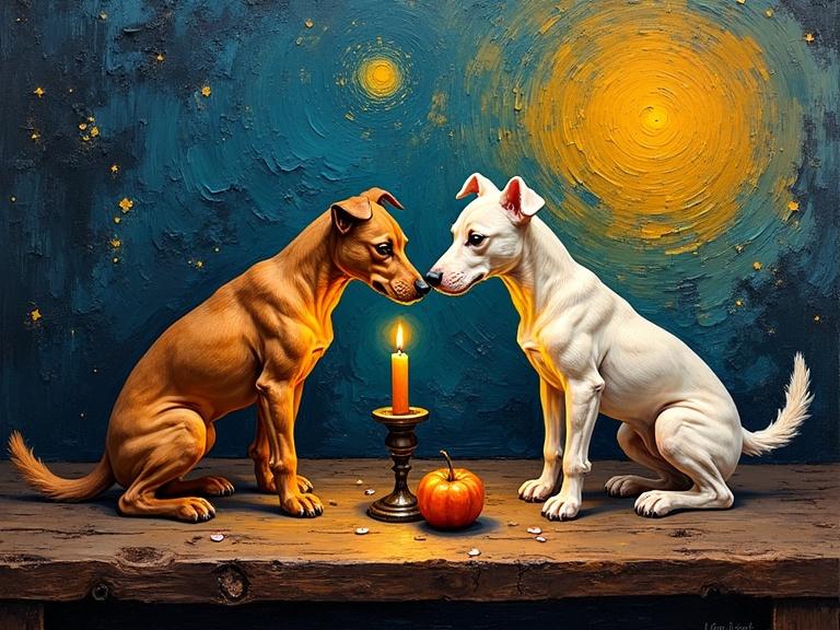 Still life with two dogs sniffing each other. A flickering candle on a rustic wooden table. Textured background in bold strokes. Thick brushstrokes create a sculptural quality. Dynamic candlelight shadows illuminate the scene.