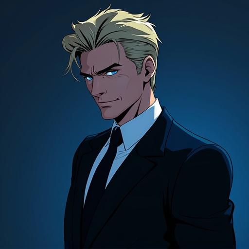 Middle-aged American male with short blond hair and blue eyes. Wearing a black suit with a white shirt and black tie. Posing confidently with a slight smile. Features rugged face, slight wrinkles, and an intense expression. Neon blue background with dramatic shadows. Sci-fi anime style.