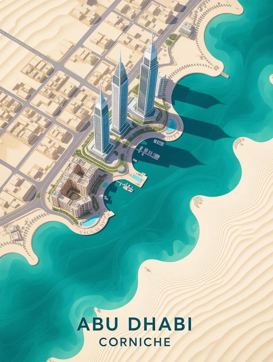 Poster design commissioned for the spirit of Abu Dhabi. Features an aerial view of the Corniche. Merges deep water texture with fine sand patterns. The colors are harmonious. Focuses on texture and modern architecture.