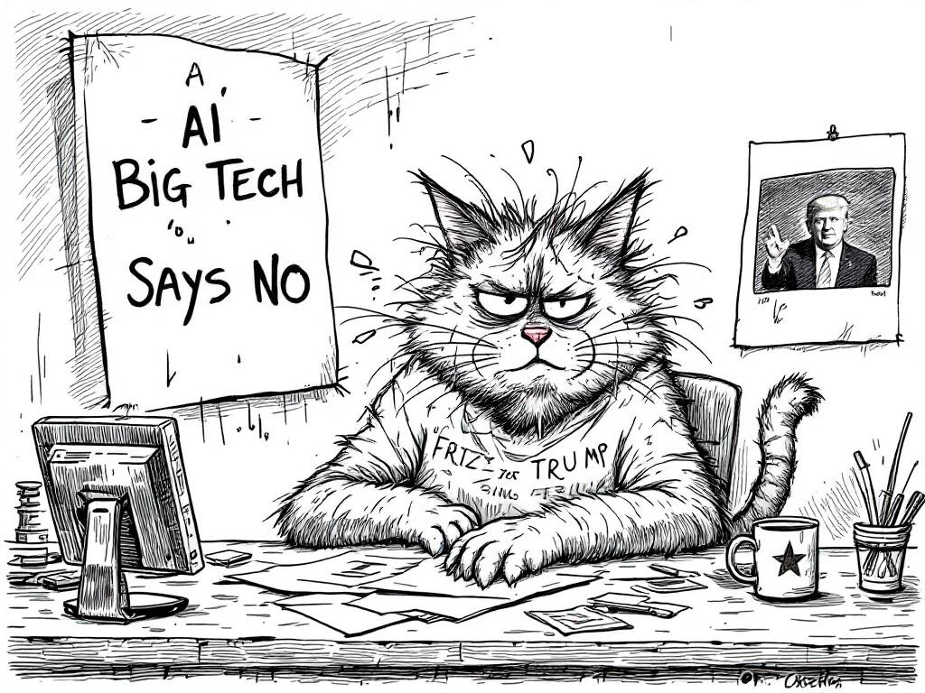 Black-and-white cartoon style inspired by underground comics. A frustrated cat resembling Fritz The Cat with messy hair and sweat. The cat has a 'AI Big Tech Says No' message on the screen. The desk is chaotic with coffee stains and scattered papers. Includes a poster featuring Donald Trump. The artwork is detailed and hand-drawn in outline style.