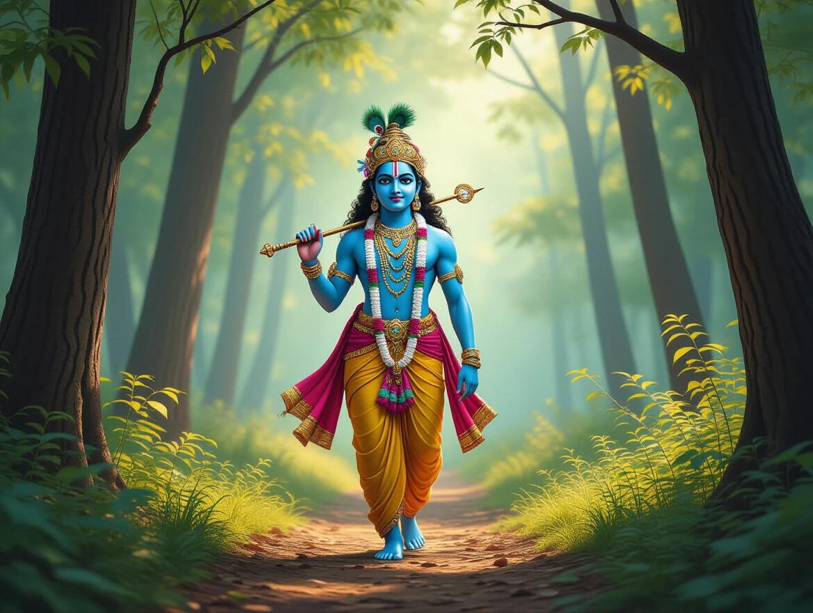 A beautiful image of Krishna walking in the woods. Krishna has a blue complexion. Krishna carries a flute and wears ornate jewelry. The scene is vibrant and lush with trees. Sunlight filters through the leaves creating a peaceful atmosphere.