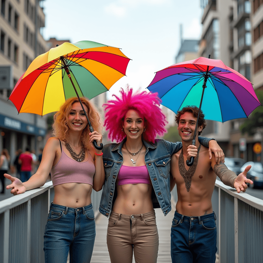 Three friends with colorful umbrellas are smiling on a city street, exuding joy and style.