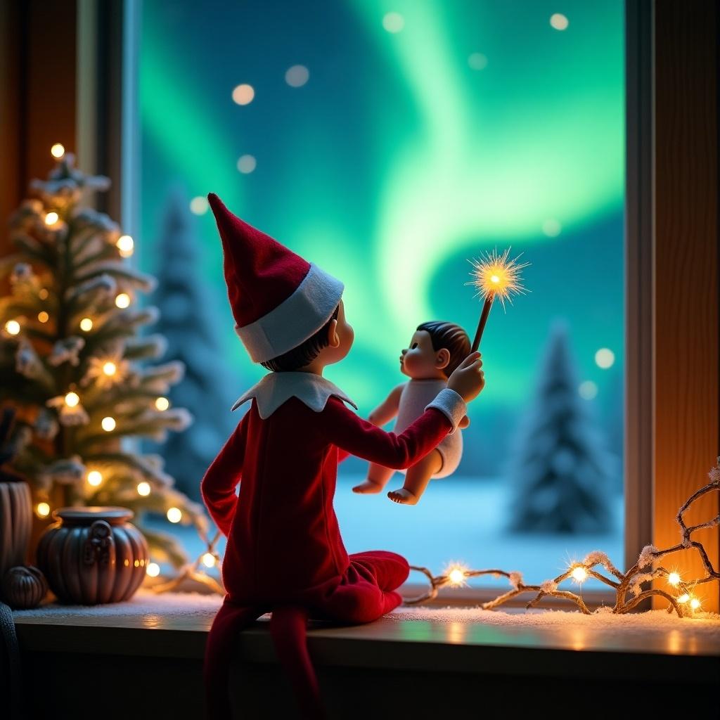 An enchanting Christmas scene featuring an elf on the shelf facing the sky. The elf is dressed in red and white while wielding a magic wand and holding a baby. Vibrant northern lights create a magical backdrop. The scene evokes Christmas spirit with a whimsical twist, capturing wonder and excitement of the holiday season.