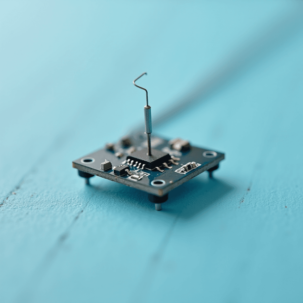 A small circuit board with components stands on a blue surface, featuring a tall metal pin.