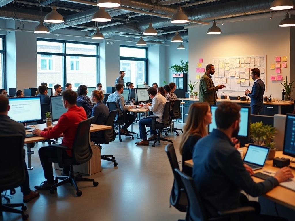 This image shows a vibrant modern office space bustling with activity. Employees are focused on their computers while engaging in their tasks. In another area, a team is delivering a PowerPoint presentation to colleagues. Nearby, a group conducts a dynamic workshop with sticky notes on a kanban board. People are also socializing near a coffee machine, adding a lively atmosphere to the workspace. This setup exemplifies teamwork and creativity, emphasizing a highly engaged work environment.