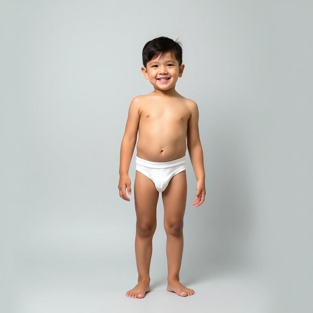 Young boy standing barefoot against a light gray background. Wearing white underwear. Smiling naturally. Soft, even lighting creates a calm atmosphere. Confident and relaxed pose showcases playfulness and innocence. Minimalistic style focuses on the subject without distractions.