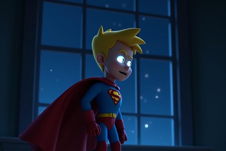 A 3D animated scene features a superhero character named Sparky wearing a red cape and blue suit. The character has glowing eyes and stands near a window at night. A deep blue and silver color palette enhances the dramatic atmosphere. The background shows a dark bedroom and starry sky.