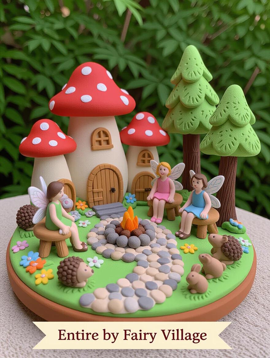Miniature fairy village crafted from clay. Tiny red mushrooms with white spots as houses. Fairy figures with wings sitting by a fire. Clay trees and animals in the scene. Textured clay path connects elements. Circular base with natural colors. Visible handmade qualities in the clay.