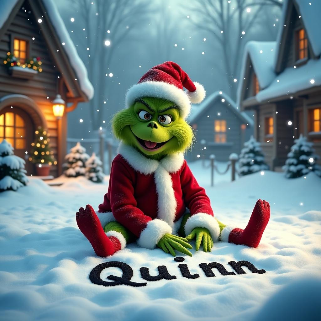 In a snowy landscape, the Grinch sits on the ground in a red and white Christmas outfit. He is happily writing the name 'Quinn' in the freshly fallen snow. Delicate snowflakes are cascading around, enhancing the cheerful winter scene. His face is lit up with joy, reflecting the essence of the holiday. Cozy cottages with warm lights surround him, contributing to the magical atmosphere. This moment captures creativity and the spirit of giving, making it ideal for holiday themed projects.