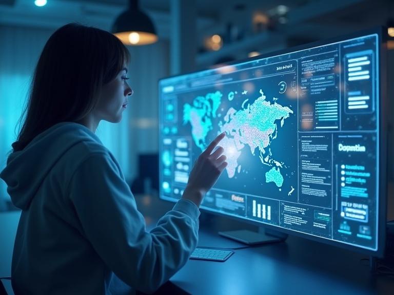 Futuristic digital workspace with a person interacting with a holographic dashboard surrounded by data streams and analytics graphs. Scene shows human-AI collaboration in a sleek high-tech environment.