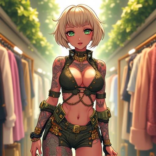 Anime character design. Woman with emerald green eyes and short light blonde curly hair. Dressed in over the top sexy streetwear inside a luxurious store. Features include colorful tattoos, cybernetic leg, and unique jewelry. Set in a futuristic environment with a vibrant atmosphere.
