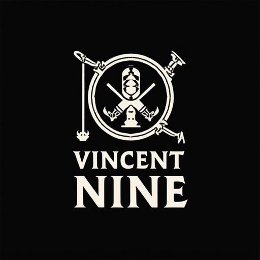 Logo design for Vincent Nine with unique symbols and typography on a black background.