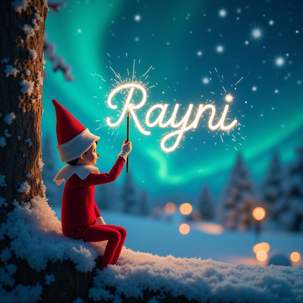 An elf on the shelf sits on a snowy tree stump, his back to the viewer, gazing up at the sky. In his hand, he holds a magic wand, writing the name 'Rayni' in sparkling letters high above. The background is enchanting, featuring a vibrant display of northern lights. Soft golden lights twinkle in the snowy landscape, suggesting a whimsical Christmas wonderland. The scene radiates magic and festive cheer, perfect for the holiday season.