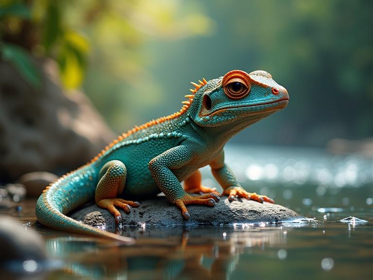 A gecko sitting on a rock next to a river. Hyperrealistic and colorful background. Mid shot with intricately detailed textures. Side light creating dramatic effect.