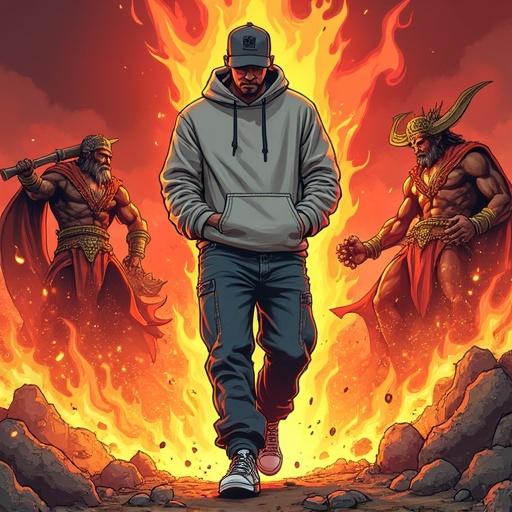 Comic-style illustration of a rapper stepping out of flames. Baggy jeans, skate shoes, hoodie, full cap. Confident posture with hands in pockets. Mythological gods fighting in background. Fiery, chaotic scene with red and orange tones. Dynamic style with bold outlines.