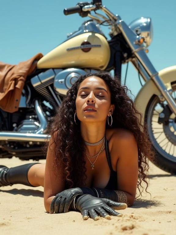 Photograph of a woman with long curly hair lying on sandy ground in front of a cream-colored Harley-Davidson motorcycle. Woman wears black leather gloves and black boots with silver buckles. Gold choker necklace worn. Eyes closed with relaxed expression. Motorcycle positioned in background. Brown leather jacket draped on seat. Clear blue sky visible. Camera angle slightly low, side view of woman and front view of motorcycle. Natural sunlight lighting with shadows. Depth of field keeps both in focus. Composition follows rule of thirds. Medium close-up shot focusing on woman and motorcycle.