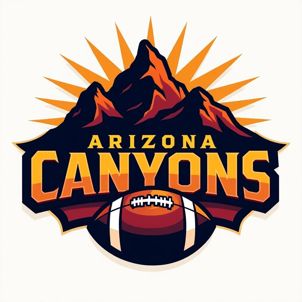 Logo design for an Arizona canyons football team. Features stylized mountains, a football, and vibrant colors.