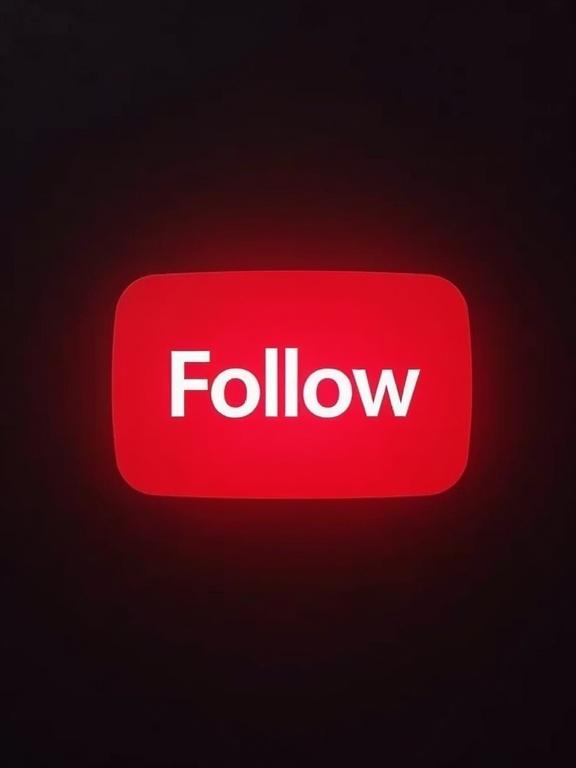A glowing 'Follow' button for YouTube. The button features a bright red background with the word 'Follow' prominently displayed in white.